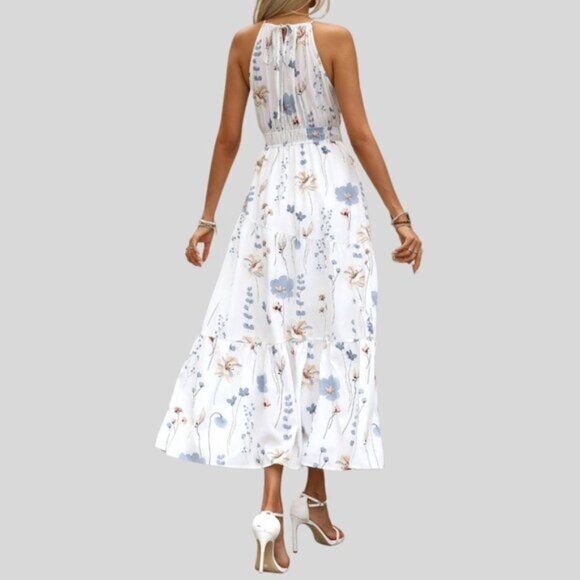 Floral Print Halter Neck Cinched Waist Dress White - Picture 2 of 6